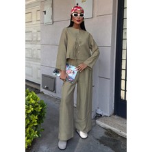 Kadın Yag Yeşili Keten Oversize Uzun Kollu Takım