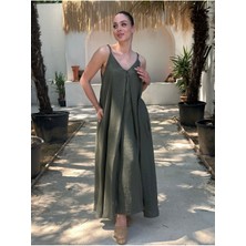 Yazlık Keten Askılı Oversize Elbise