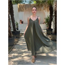 Yazlık Keten Askılı Oversize Elbise