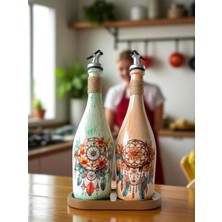 Mes Reves Design Özel Tasarım Düşkapanı Desenli Sunum Stantlı 2'li 750 ml Zeytinyağı Sıvıyağ Şişesi Yağdanlık Yağlık