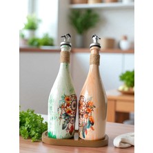 Mes Reves Design Özel Tasarım Düşkapanı Desenli Sunum Stantlı 2'li 750 ml Zeytinyağı Sıvıyağ Şişesi Yağdanlık Yağlık