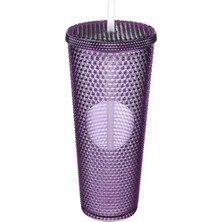 750 ml Kapaklı ve Pipetli Soğuk Içecek Bardağı - Mor Kristal Desenli Seyahat Kupası, Termal Yapı, Buzlu Doku, Buzlu Kahve Smoothie Bardak Taşınabilir Yazlık Plastik Bardak (Mürdüm)