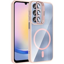 Galaxy Uyumlu A25 Kılıf Standlı ve Kamera Lens Hediyeli M-Safe Şarj Özellikli Zore Etro Kapak-Pembe
