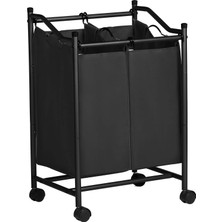 Çamaşır Ayırıcı, Tekerlekli ve 2 Bölmeli, Çamaşır Sepeti, Çıkarılabilir Çantalı Çamaşır Arabası, Toplam Kapasite 90 L, Siyah, LSF002BK
