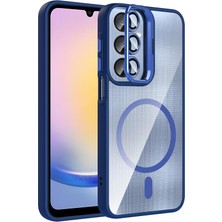 Galaxy Uyumlu A16 Kılıf Standlı ve Kamera Lens Hediyeli M-Safe Şarj Özellikli Zore Etro Kapak-Lacivert