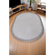 Vn Comfort Oval Ponpon Saçaklı Peluş Halı Gri