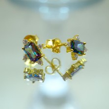 Fasek Gold Gümüş Küpe - Octagon Kesim Mistik Topaz Taşlı 0.95 Karat Pırlanta Montürü 925 Ayar Gümüş Küpe