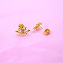 Fasek Gold Gümüş Küpe - Kadın Minimal Zirkon Taşlı Göz Tasarım 925 Ayar Gümüş Küpe