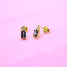 Fasek Gold Gümüş Küpe - Kadın Oval Kesim 1.10 Karat Mistik Topaz Taşlı Modern 925 Ayar Gümüş Küpe