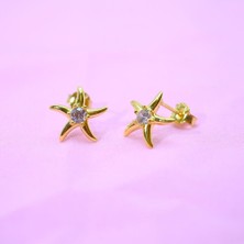 Fasek Gold Gümüş Küpe - Kadın Yuvarlak Zirkon Taşlı Deniz Yıldızı 925 Ayar Gümüş Küpe