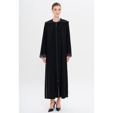 Kapüşonlu Taşlı Tül Detaylı Ferace Siyah 6738