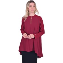Kesme Şeker Örgü Detaylı Fermuarlı Tunik Bordo