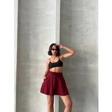 Volanlı Keten Şort Bordo S255058