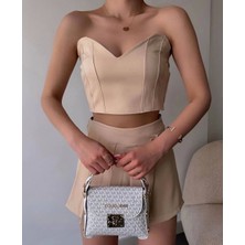 Arkadan Büzgülü Esnek Büstiyer Bej