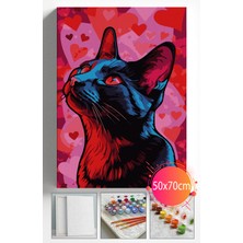 Sayılarla Boyama Seti Numaralı Tuval Fırça Boya Dahil Kasnaklı Set 50X70 cm - Kalp Kedi