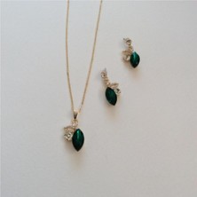Yeşil Parlak Taşlı Kolye Küpe Set Altın Renk