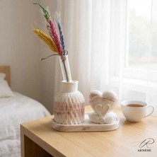 3'lü Mermer Görünümlü Dekoratif Set ,porselen Tozu, Kalpli Kuğu Figürü, Vazo ve Tepsi , Obje, Biblo