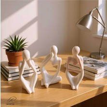 Mermer Görünümlü Düşünen Insan Figürü 3’lü Set - Dekoratif - Modern Porselen Tozu Obje - 12.5 cm