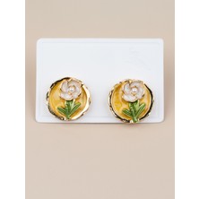 Oréllia Beyaz Çiçek Motifli Mineli Incili Vintage Sanat Küpe