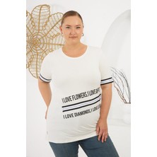 I Love Baskılı Büyük Beden Tişört Ekru