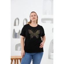 Kelebek Taş Baskılı Büyük Beden Tişört Siyah