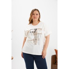 Büyük Beden 7/24 Baskılı Tişört Ekru