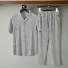 Alaçatı Stili Erkek Bürümcük Krinkıl Kumaş Yazlık Likralı Polo Yaka Tshirt ve Eşofman Takım Kombini