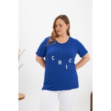 Büyük Beden Taş Detay Baskılı Tişört Saks