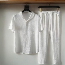 Alaçatı Stili Erkek Bürümcük Krinkıl Kumaş Yazlık Likralı Polo Yaka Tshirt ve Eşofman Takım Kombini