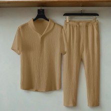 Alaçatı Stili Erkek Bürümcük Krinkıl Kumaş Yazlık Likralı Polo Yaka Tshirt ve Eşofman Takım Kombini