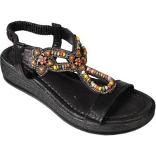 Yazkış Kadın Siyah Gümüş Tek Bantlı Üzeri Boncuklu Arkası Lastikli 4cm Rahat Taban Sandalet