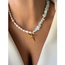 Lusora Accessory Doğal Inci & Akuamarin Taşlı Deniz Yıldızı Kolye – El Yapımı Yazlık Tasarım