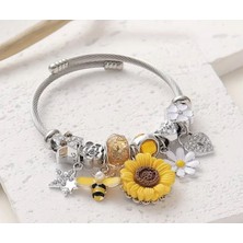 Charm Bileklik – Ayçiçeği, Arı ve Çiçek Detaylı Yazlık Tasarım, Gümüş Renk