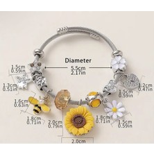 Charm Bileklik – Ayçiçeği, Arı ve Çiçek Detaylı Yazlık Tasarım, Gümüş Renk