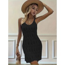 Füme Style Kadın Siyah Askılı Yandan Yırtmaçlı Örme Plaj Elbisesi