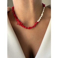 Lusora Accessory Kırmızı Mercan& Beyaz Deniz Kabuğu Doğal Taş Choker Kolye – El Yapımı Zarif Tasarım