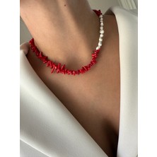 Lusora Accessory Kırmızı Mercan& Beyaz Deniz Kabuğu Doğal Taş Choker Kolye – El Yapımı Zarif Tasarım