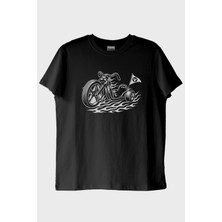 NUUGG Motorlu Bayrak Tasarımlı Biker Siyah Tişört