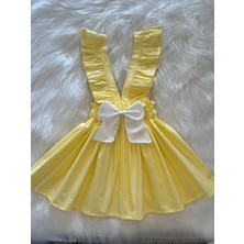 Kız Çocuk Sarı Pötikareli Beyaz Fiyonklu Fırfır Askılı Salopet Elbise (%100 Pamuk Kumaş)