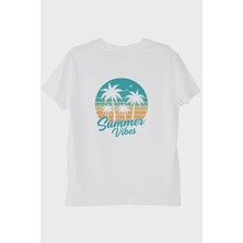 NUUGG Summer Vibes Baskılı Tropik Plaj Tasarımlı Beyaz Tişört