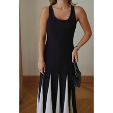 Kadın Siyah Premium Patchwork Renk Bloklu Keten Elbise