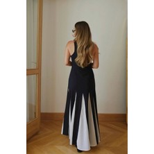 Kadın Siyah Premium Patchwork Renk Bloklu Keten Elbise