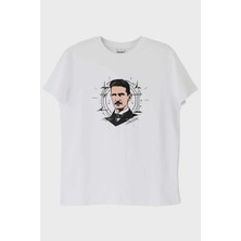 NUUGG Nikola Tesla İllüstrasyon Baskılı Tasarım Beyaz Tişört