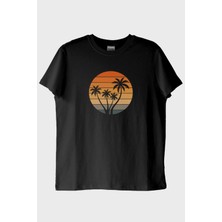 Nuugg Tropik Gün Batımı Palmiye Baskılı Siyah Tişört (L)