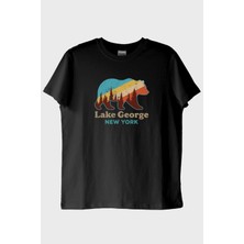 Nuugg Lake George New York Ayı Siluetli Baskılı Siyah Tişört (M)