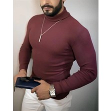 Erkek Kaşkorse Boğazlı Full Likralı Fitilli Body Kazak - Bordo