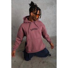 Erkek Üç Iplik Baskılı Kapüşonlu Sweat - Gül Kurusu
