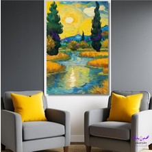 Tekli Dikey Kanvas Van Gogh Tarzı Göl Kenarı ve Büyük Ağaçlar