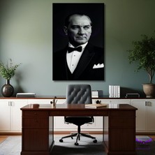 Tekli Dikey Kanvas Ofis Tablosu Siyah Beyaz Atatürk Portresi