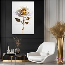 Tekli Dikey Kanvas Modern Duvar Tablosu Gold Yapraklı Beyaz Gül